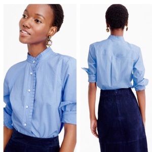 Jcrew blue button down top with ruffle detail